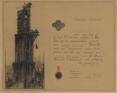 28686 Gezicht op de Domtoren te Utrecht uit het zuidwesten tijdens de restauratie van de lantaarn, uit het ...